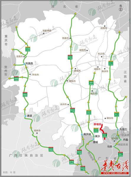 通过凤头岭(堡城)省界收费站进入湖南,在s31宜凤高速行驶约3公里后,在