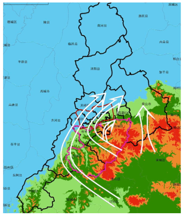 濟南四季主導風向明顯,受地形作用,在市區形成了三條通風廊道.