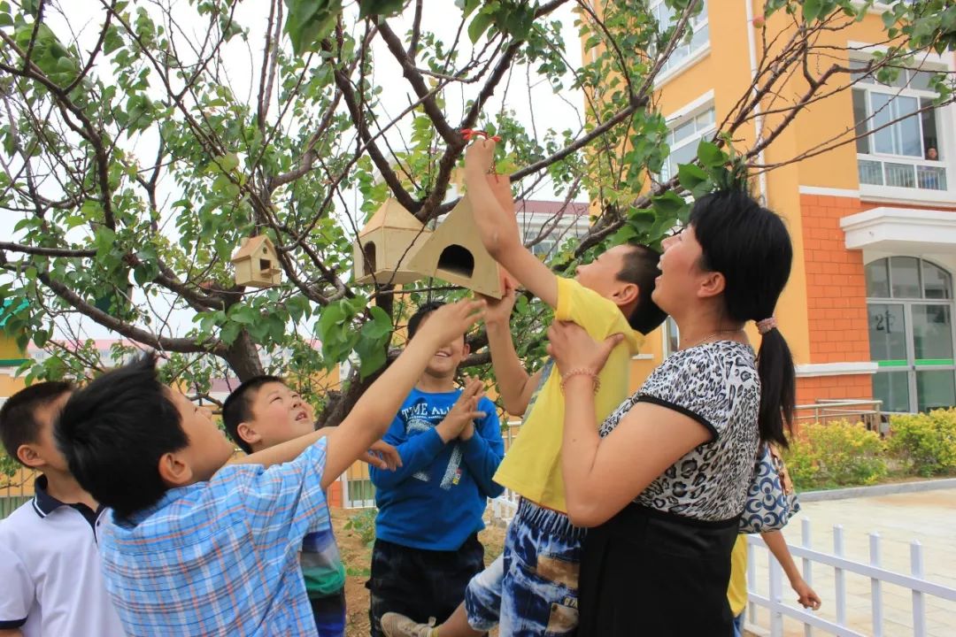 威海市普陀路小学家长和孩子一起挂鸟巢,以吸引鸟儿来安家